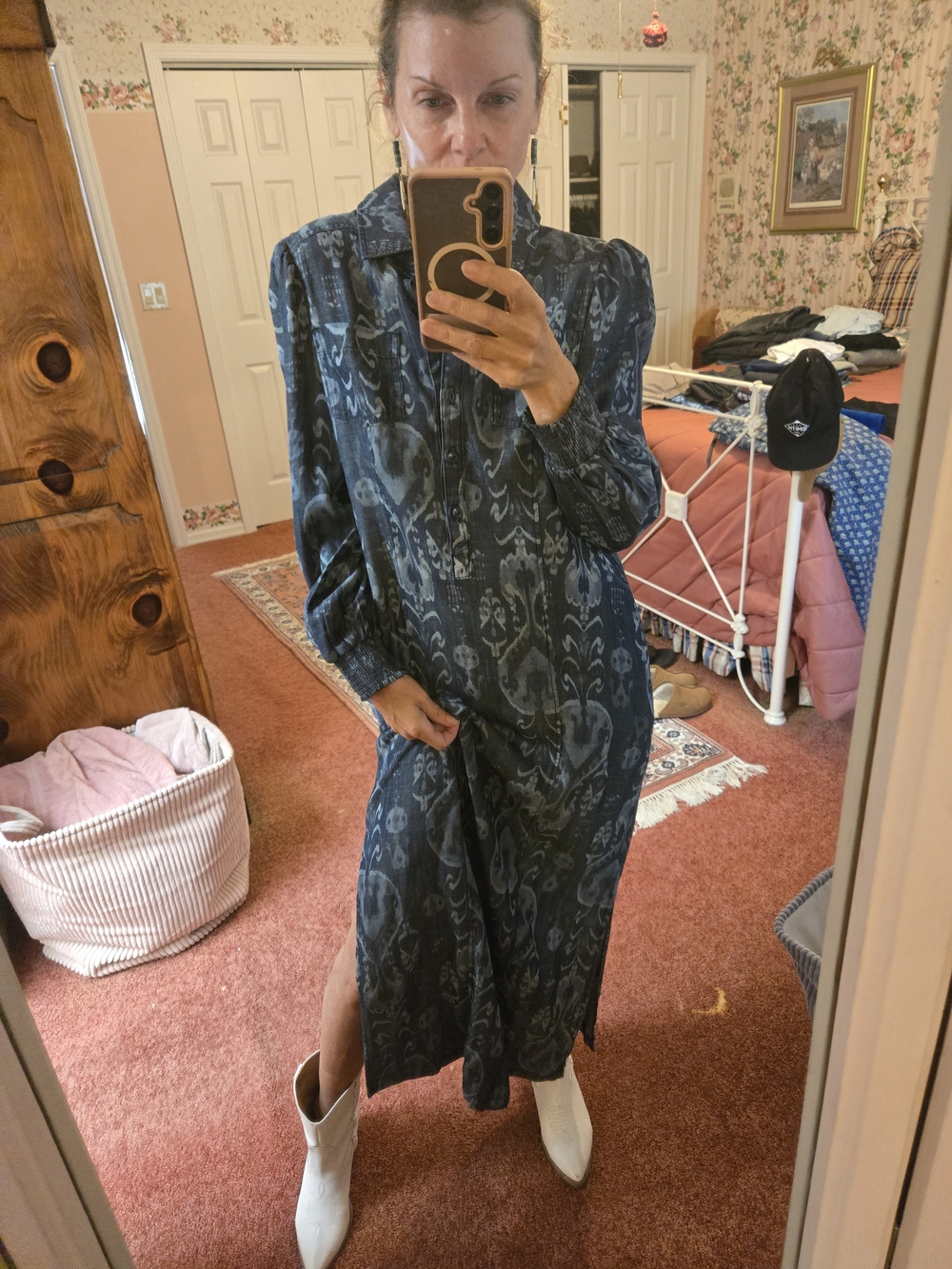 Chico's Navy Blue Patterned Long Sleeve Shirt Dress